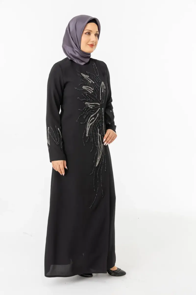 Siyah Kruvaze Bağlamalı Taşlı Abaya Zerenay 5503-25 - 3