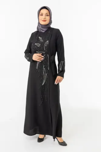 Siyah Kruvaze Bağlamalı Taşlı Abaya Zerenay 5503-25 - 4