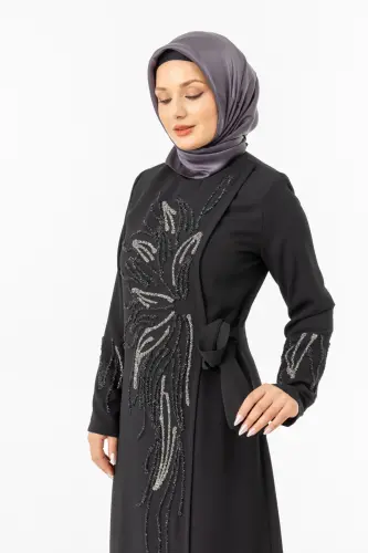 Siyah Kruvaze Bağlamalı Taşlı Abaya Zerenay 5503-25 - 5