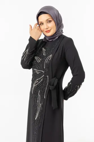 Siyah Kruvaze Bağlamalı Taşlı Abaya Zerenay 5503-25 - 6