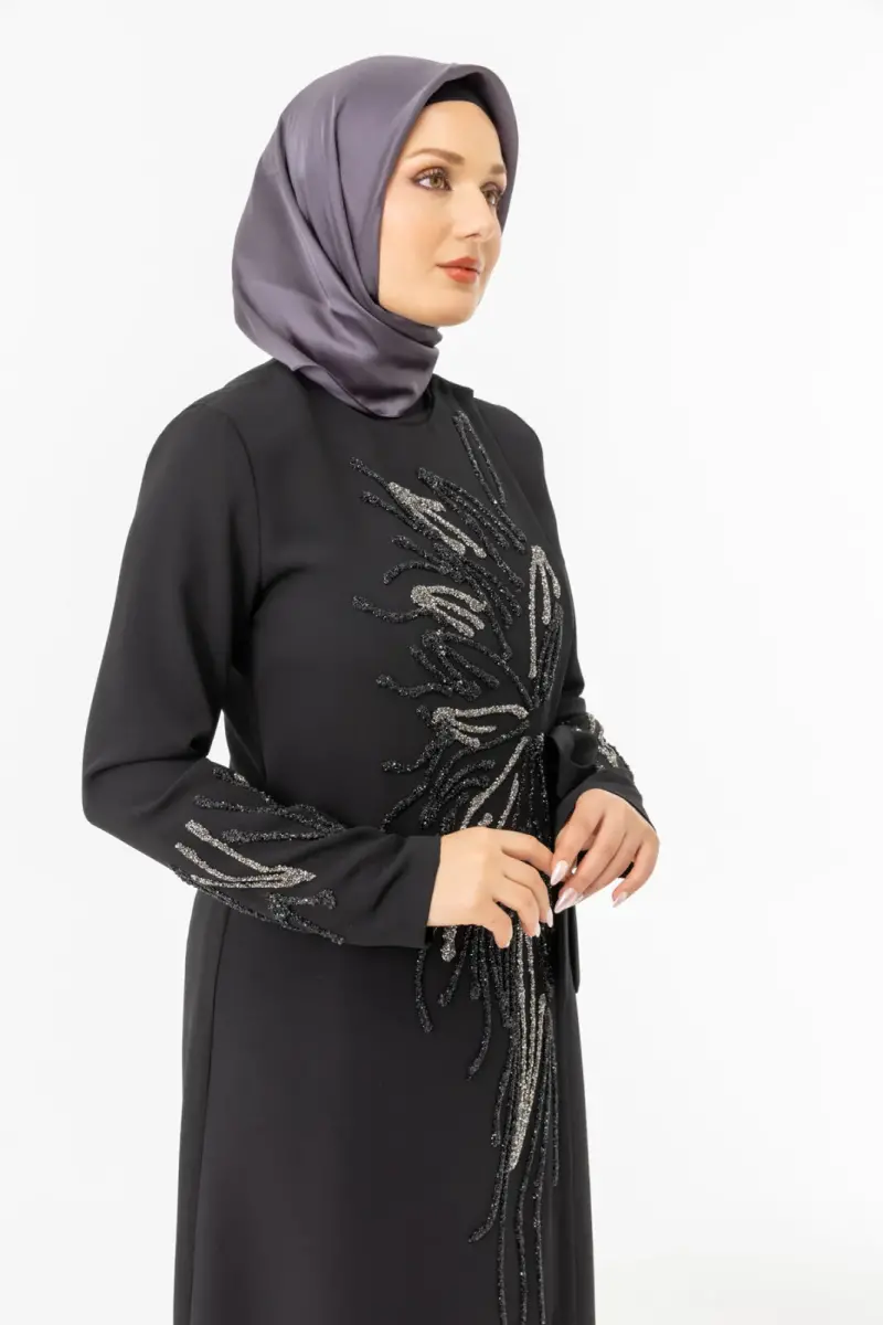 Siyah Kruvaze Bağlamalı Taşlı Abaya Zerenay 5503-25 - 8