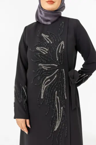 Siyah Kruvaze Bağlamalı Taşlı Abaya Zerenay 5503-25 - 9