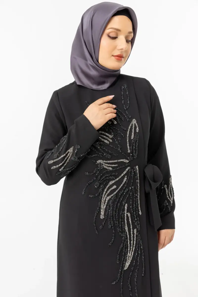 Siyah Kruvaze Bağlamalı Taşlı Abaya Zerenay 5503-25 - 10