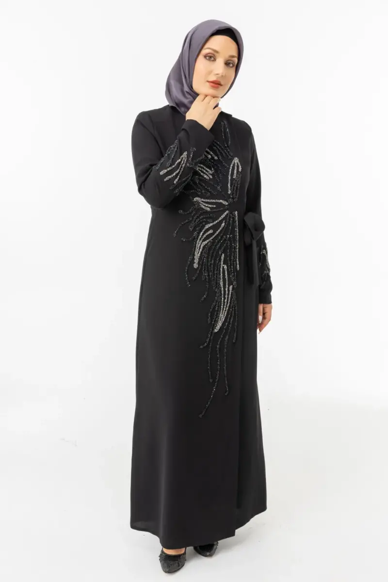 Siyah Kruvaze Bağlamalı Taşlı Abaya Zerenay 5503-25 - 11