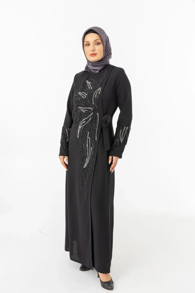 Siyah Kruvaze Bağlamalı Taşlı Abaya Zerenay 5503-25 - 12