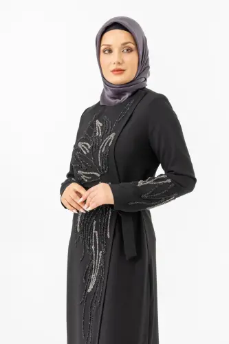 Siyah Kruvaze Bağlamalı Taşlı Abaya Zerenay 5503-25 - 13