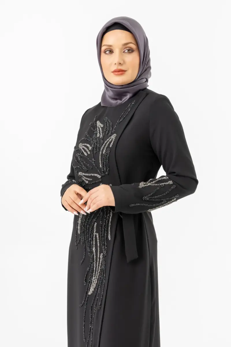Siyah Kruvaze Bağlamalı Taşlı Abaya Zerenay 5503-25 - 13