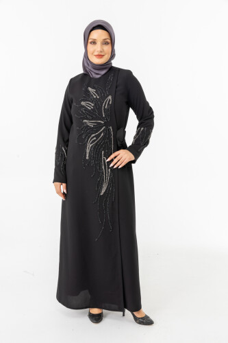 Siyah Kruvaze Bağlamalı Taşlı Abaya Zerenay 5503-25 - 2
