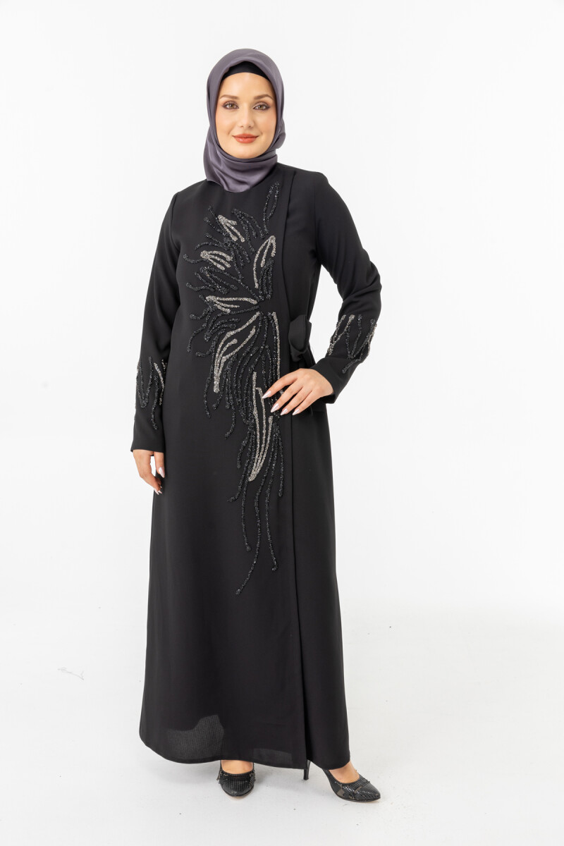 Siyah Kruvaze Bağlamalı Taşlı Abaya Zerenay 5503-25 - 2