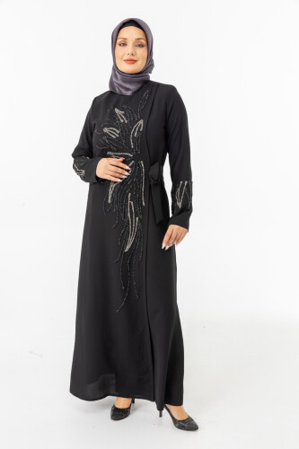 Siyah Kruvaze Bağlamalı Taşlı Abaya Zerenay 5503-25 - 4