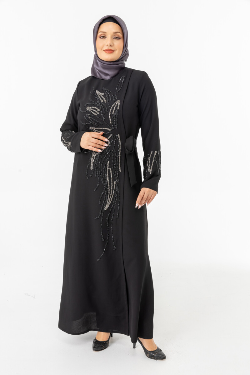 Siyah Kruvaze Bağlamalı Taşlı Abaya Zerenay 5503-25 - 4
