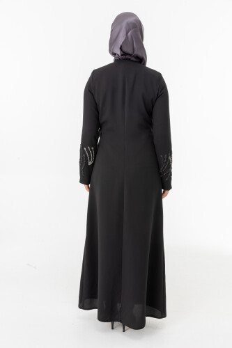 Siyah Kruvaze Bağlamalı Taşlı Abaya Zerenay 5503-25 - 7