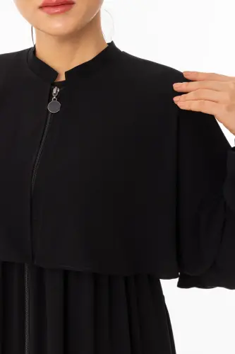 Siyah Pelerinli Fermuarlı Tesettür Ferace -Tam Boy Kuşaklı Zerenay 5612-26 - 3