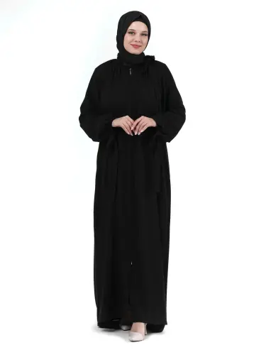 Siyah Pileli Reglan Kol İp Detaylı Hakim Yaka Tesettür Ferace 24354 - 1