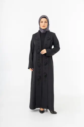 Siyah Şal Yaka El İşlemeli İki Parça Abaya 5514-25 - 1