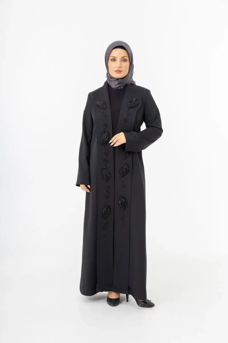 Siyah Şal Yaka El İşlemeli İki Parça Abaya 5514-25 - 1