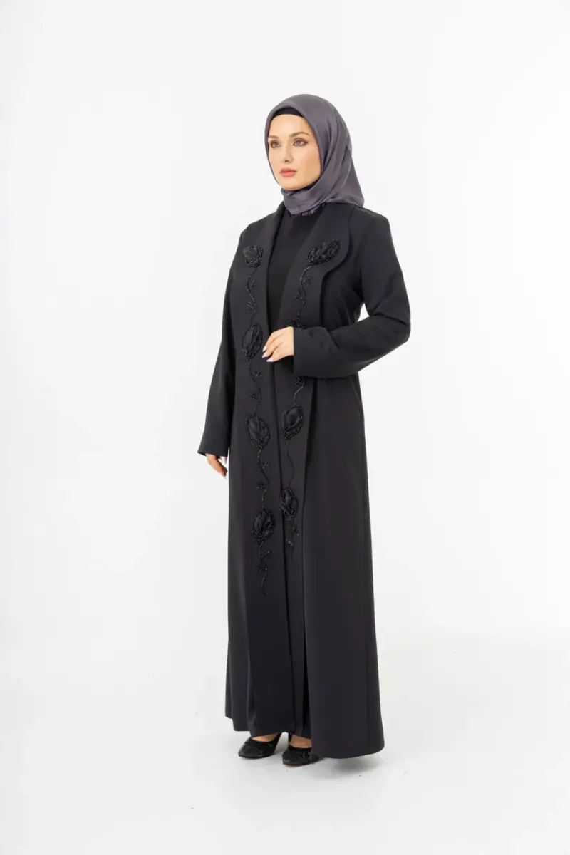 Siyah Şal Yaka El İşlemeli İki Parça Abaya 5514-25 - 2