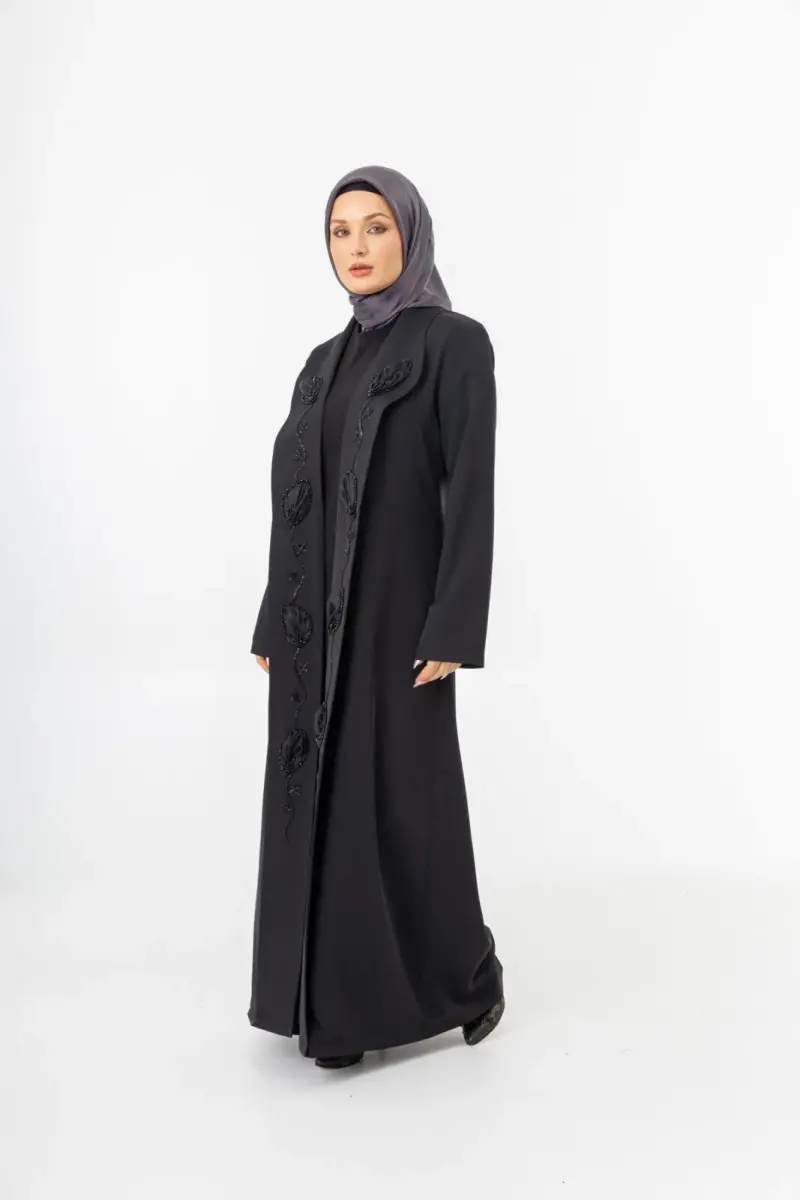 Siyah Şal Yaka El İşlemeli İki Parça Abaya 5514-25 - 3