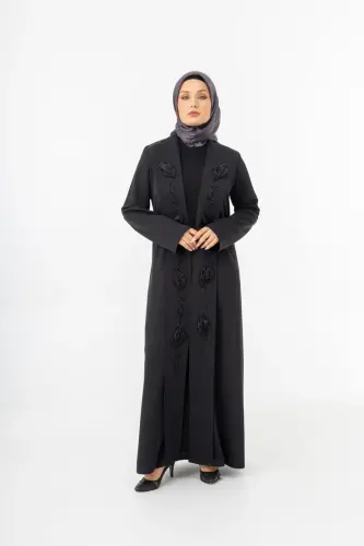 Siyah Şal Yaka El İşlemeli İki Parça Abaya 5514-25 - 4