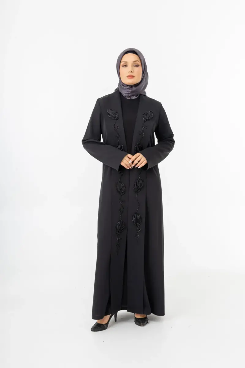 Siyah Şal Yaka El İşlemeli İki Parça Abaya 5514-25 - 4