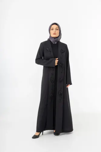 Siyah Şal Yaka El İşlemeli İki Parça Abaya 5514-25 - 5