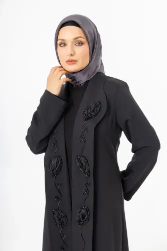 Siyah Şal Yaka El İşlemeli İki Parça Abaya 5514-25 - 6