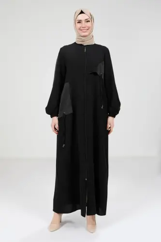 Siyah Saten Garnili Fermuarlı Yuvarlak Yaka Tesettür Ferace 9203-25 - 1