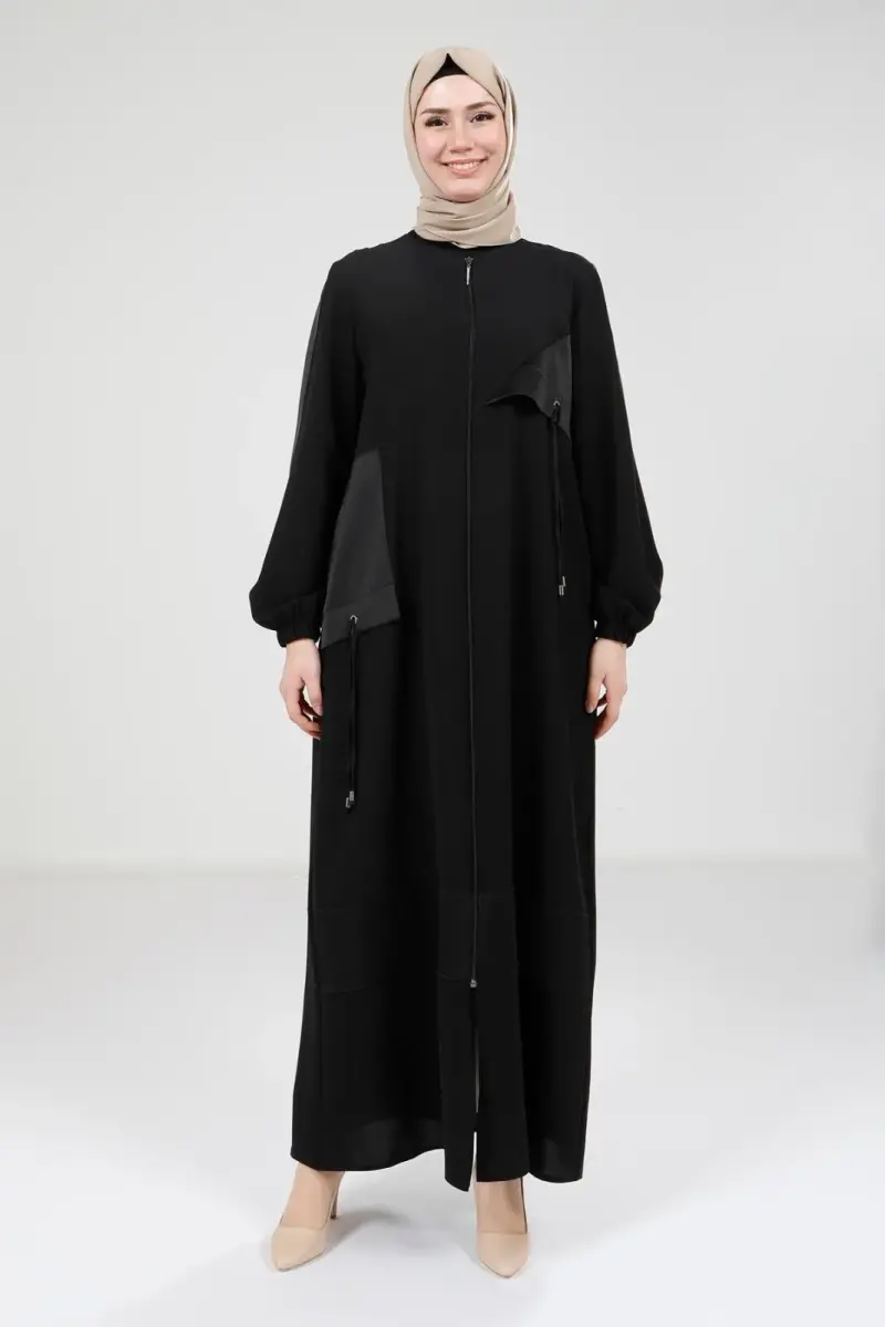Siyah Saten Garnili Fermuarlı Yuvarlak Yaka Tesettür Ferace 9203-25 - 1