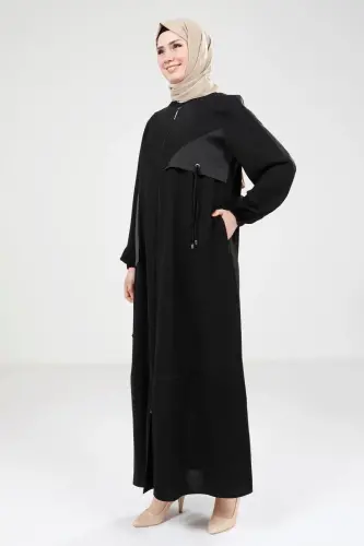 Siyah Saten Garnili Fermuarlı Yuvarlak Yaka Tesettür Ferace 9203-25 - 3