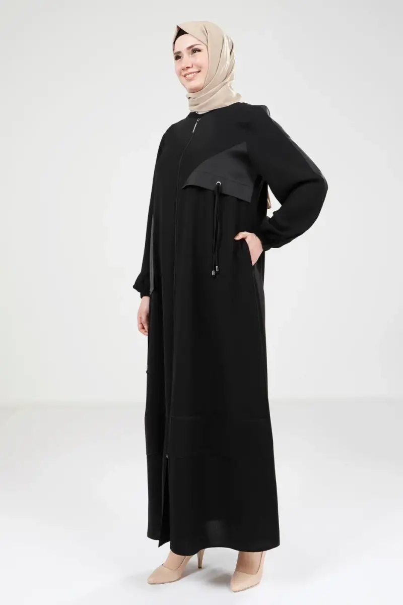 Siyah Saten Garnili Fermuarlı Yuvarlak Yaka Tesettür Ferace 9203-25 - 3