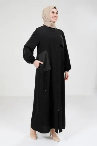 Siyah Saten Garnili Fermuarlı Yuvarlak Yaka Tesettür Ferace 9203-25 - 4