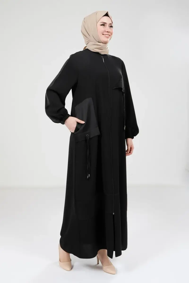 Siyah Saten Garnili Fermuarlı Yuvarlak Yaka Tesettür Ferace 9203-25 - 4