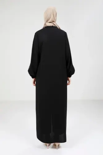 Siyah Saten Garnili Fermuarlı Yuvarlak Yaka Tesettür Ferace 9203-25 - 5