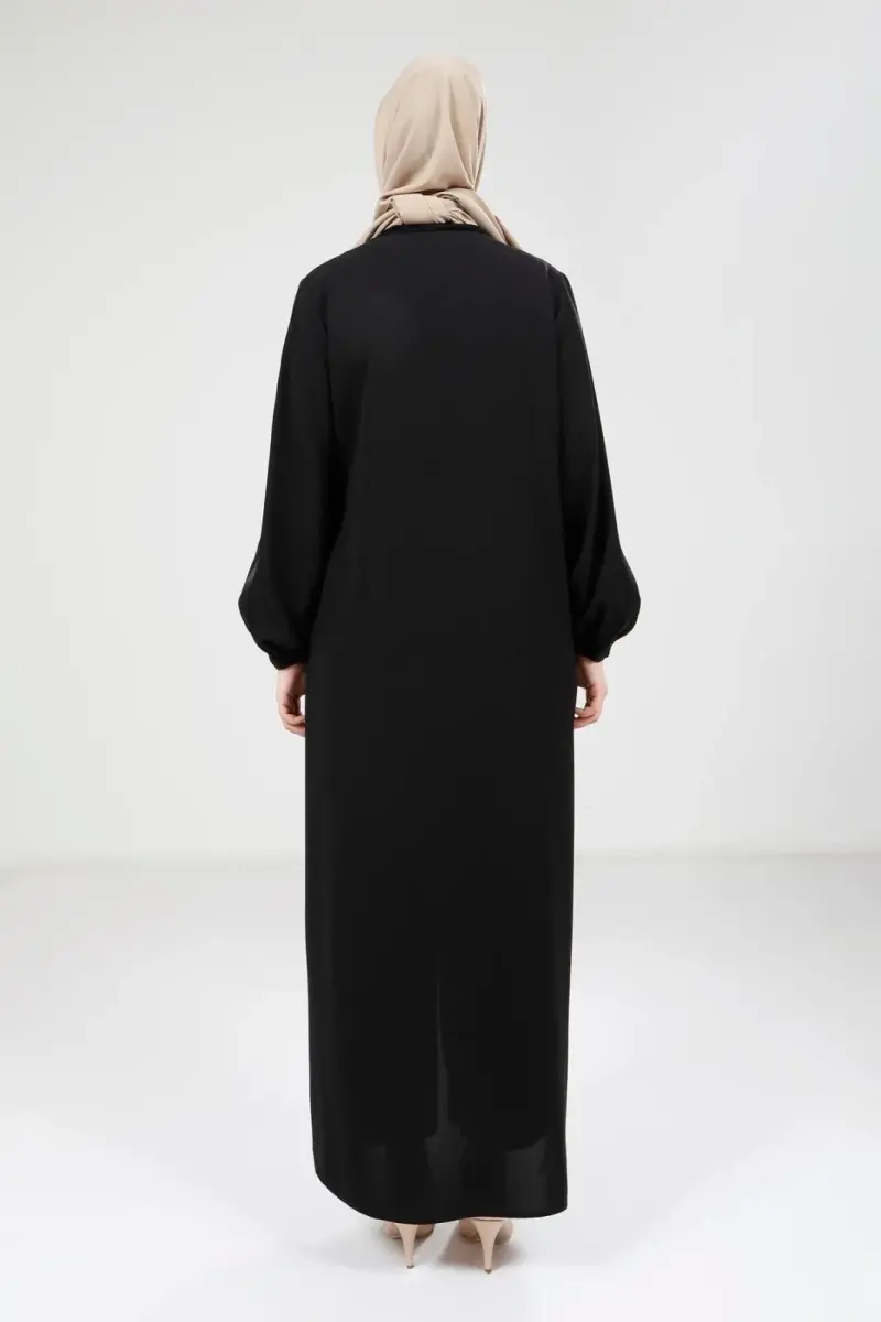 Siyah Saten Garnili Fermuarlı Yuvarlak Yaka Tesettür Ferace 9203-25 - 5