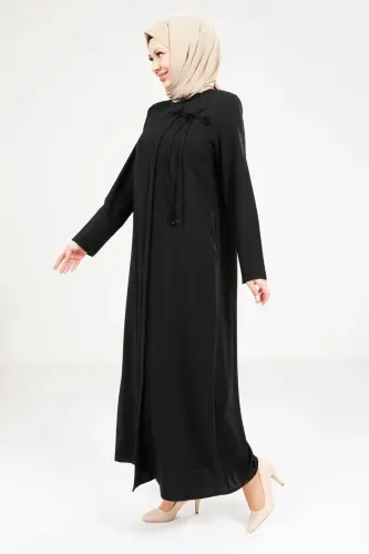 Siyah Serpme Swarovski Taş Detaylı Cepli Tesettür Ferace 9250-25 - Beyza (1)
