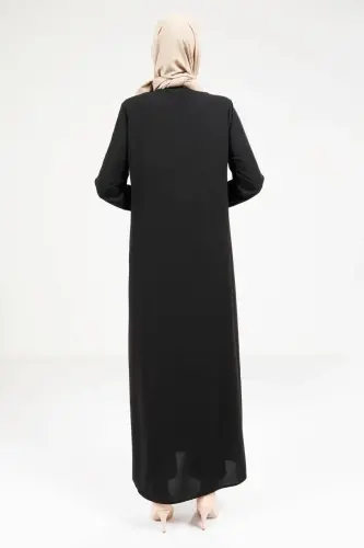 Siyah Serpme Swarovski Taş Detaylı Cepli Tesettür Ferace 9250-25 - 4