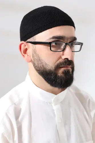 Siyah Süper Namaz Dantel Detaylı Örme Orlon Namaz Takkesi - ihvanonline (1)