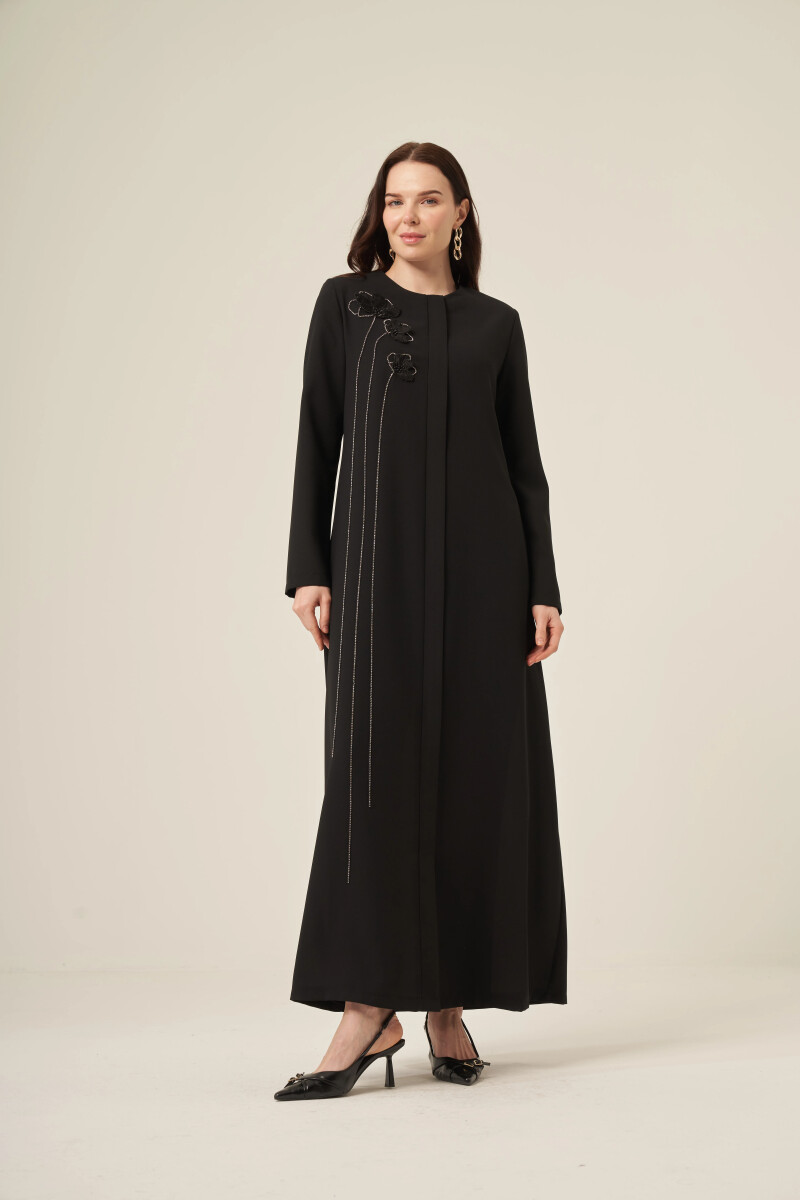 Si̇yah Swarovski̇ Taşlı Su Yolu Çi̇çek Desenli̇ Gi̇zli̇ Fermuarlı Ferace 6173-25 Siyah - Derin Store