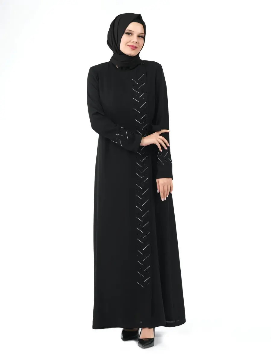 Siyah Tek Parça Fermuarlı Bağlamalı Taş Detaylı Tesettür Ferace 24209 - 2