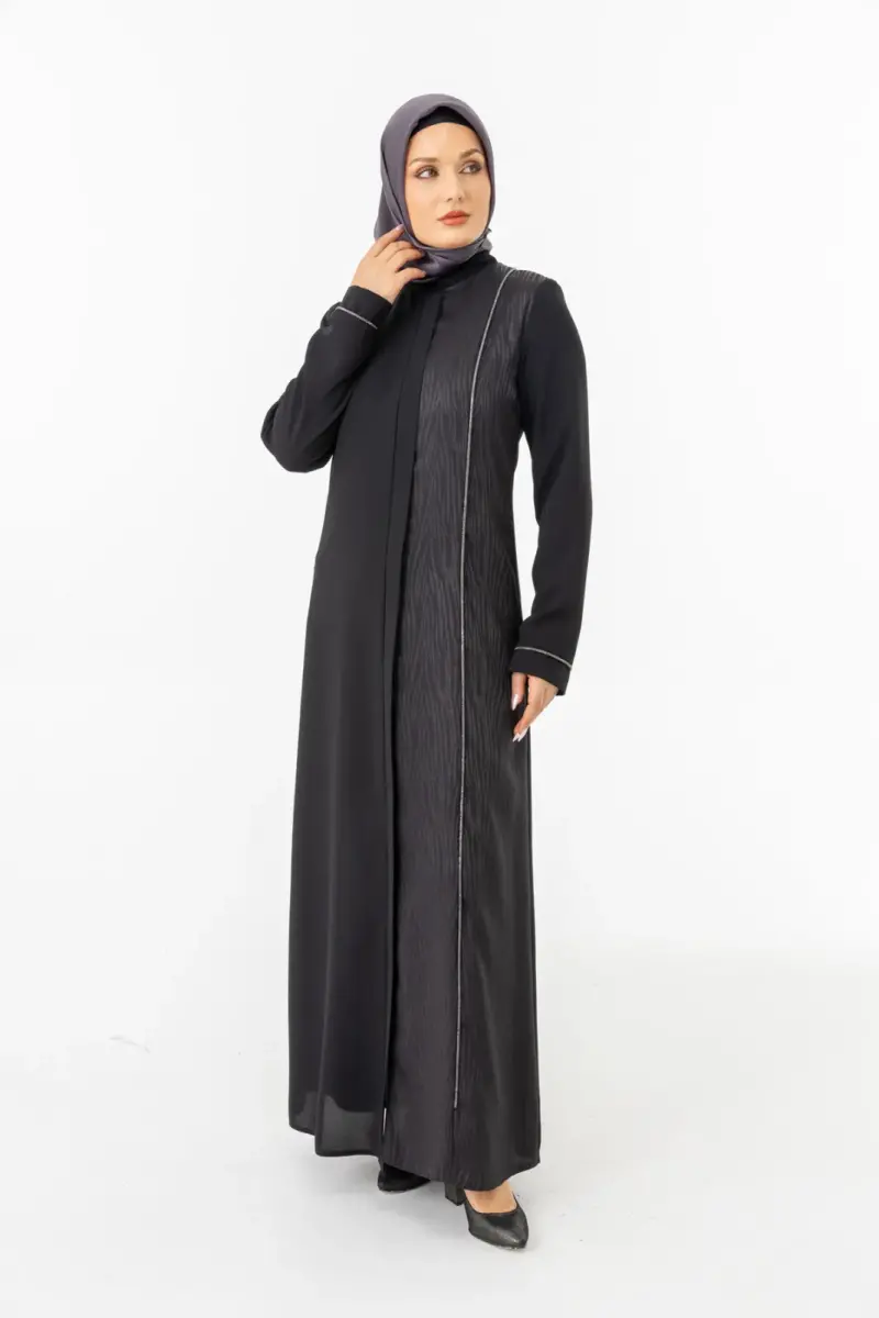 Siyah Tek Tarafı Jakarlı Hakim Yaka Gizli Fermuarlı Tesettür Ferace ZRNY 5505-25 - 3