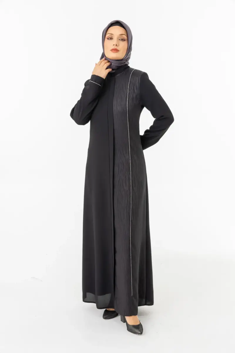 Siyah Tek Tarafı Jakarlı Hakim Yaka Gizli Fermuarlı Tesettür Ferace ZRNY 5505-25 - 4
