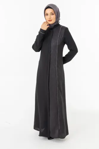 Siyah Tek Tarafı Jakarlı Hakim Yaka Gizli Fermuarlı Tesettür Ferace ZRNY 5505-25 - 7