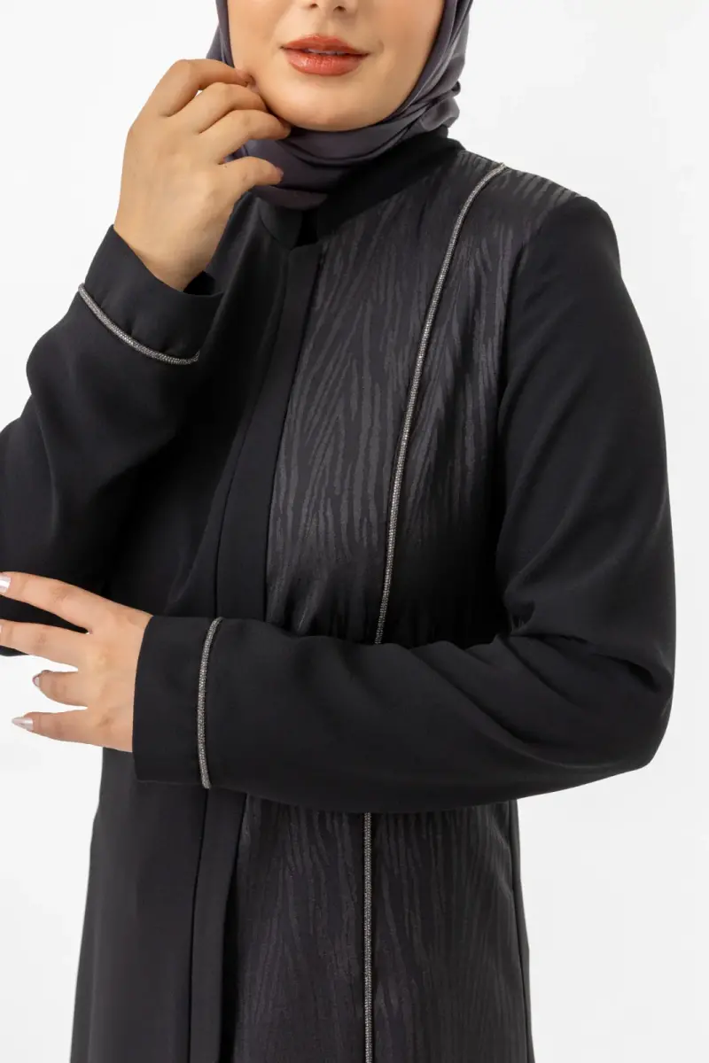 Siyah Tek Tarafı Jakarlı Hakim Yaka Gizli Fermuarlı Tesettür Ferace ZRNY 5505-25 - 9