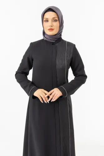 Siyah Tek Tarafı Jakarlı Hakim Yaka Gizli Fermuarlı Tesettür Ferace ZRNY 5505-25 - 10