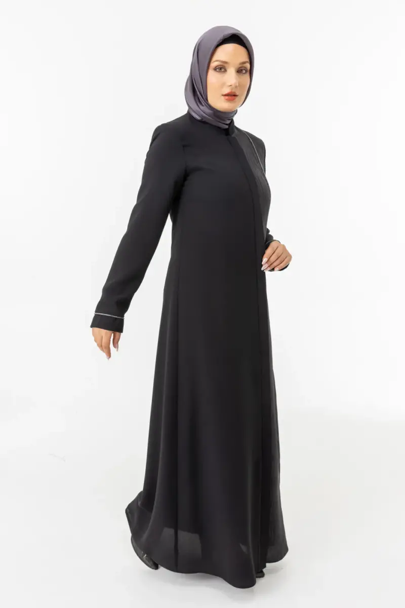Siyah Tek Tarafı Jakarlı Hakim Yaka Gizli Fermuarlı Tesettür Ferace ZRNY 5505-25 - 11