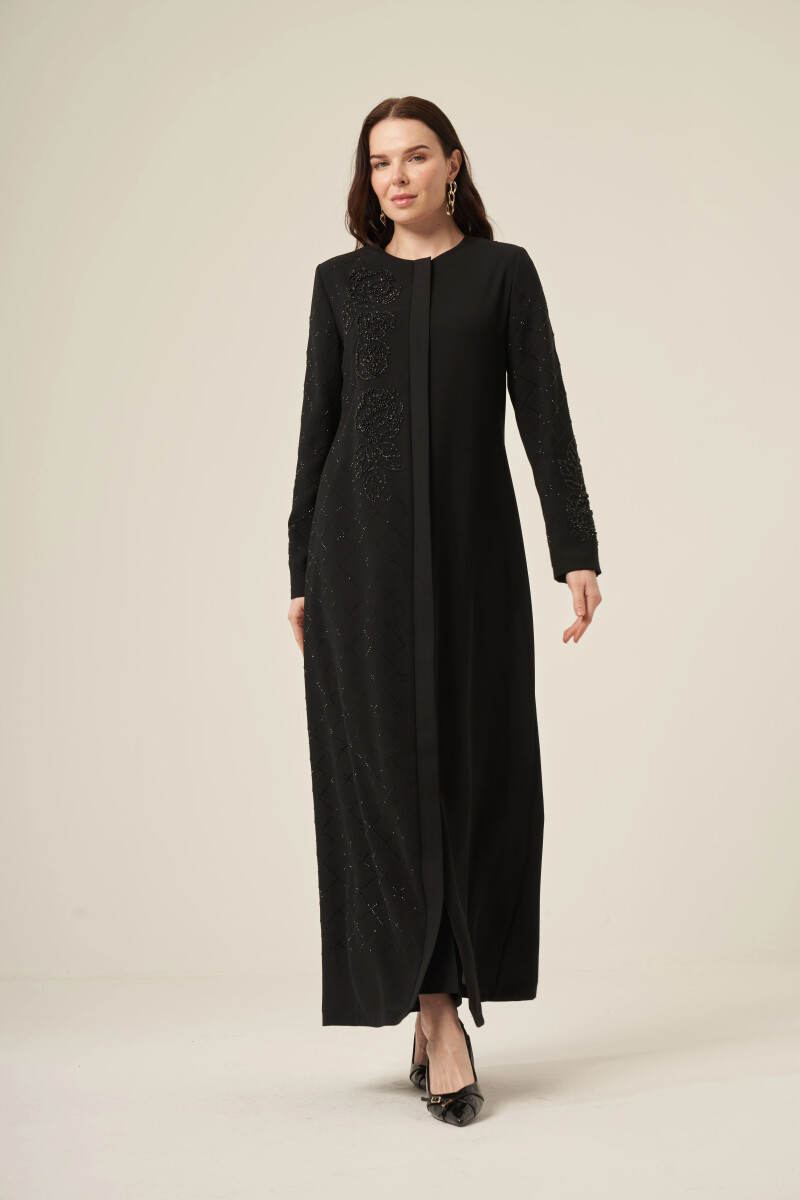 Si̇yah Tek Tarafi Kri̇stal Taş Detaylı Gi̇zli̇ Fermuarlı Ferace 6163-25 Siyah - Derin Store