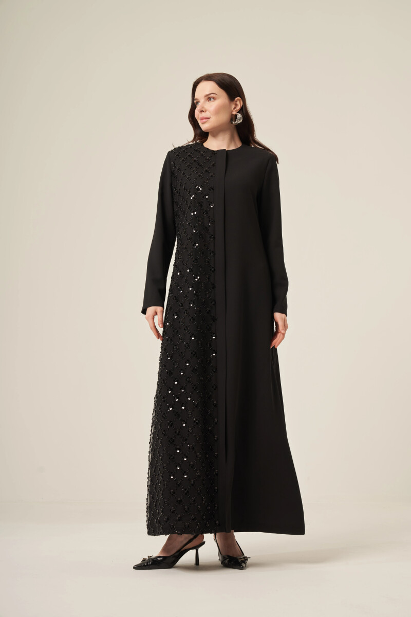 Si̇yah Tek Tarafı Papatya Desenli̇ Pul Boncuk İşlemeli̇ Gi̇zli̇ Fermuarlı Ferace - 6152-25 Siyah - Derin Store