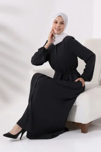 Smoked Medina Silk Hijab Abaya with Elastic Cuffs, Hidden Zipper and Belted Waist - 5