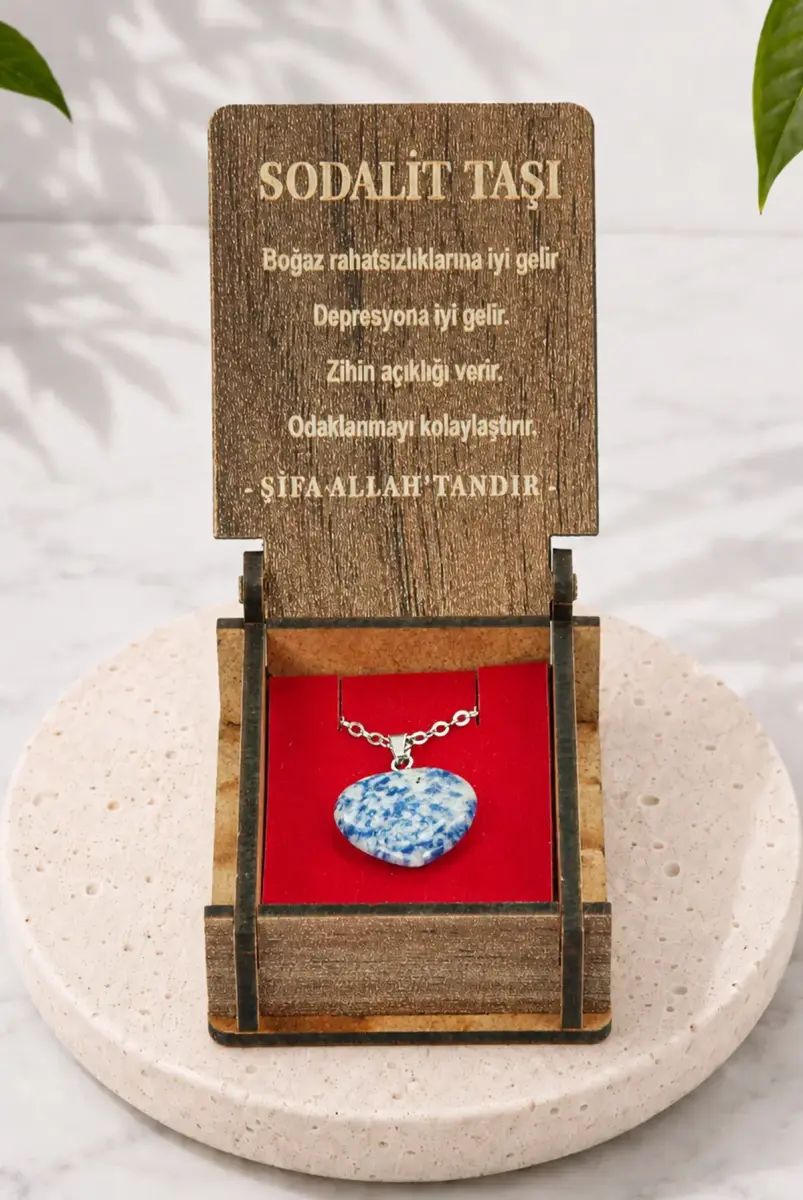 Sodalit Taşı Kalp Kolye - Ahşap Kutulu Hediyelik - 1