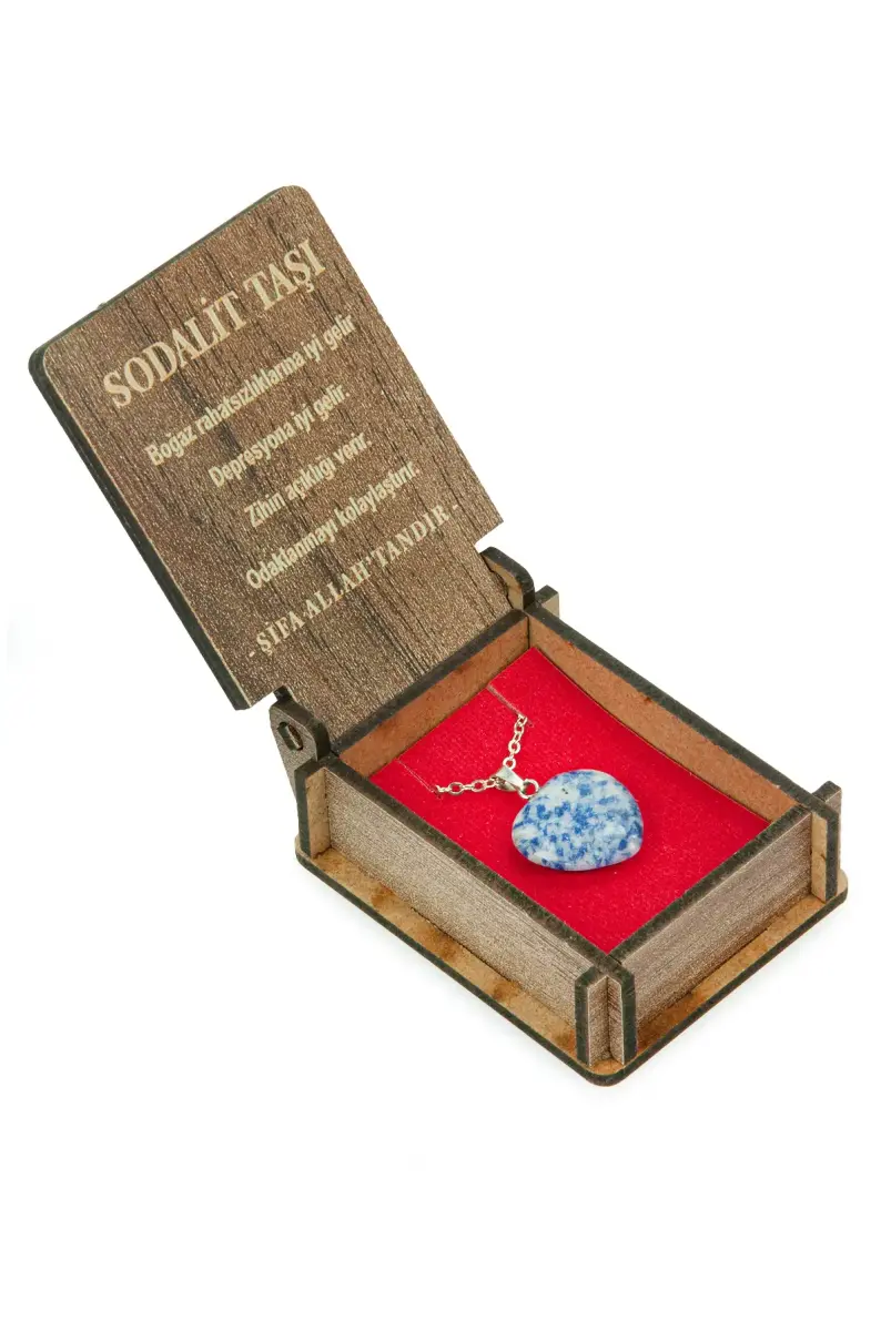 Sodalit Taşı Kalp Kolye - Ahşap Kutulu Hediyelik - 4